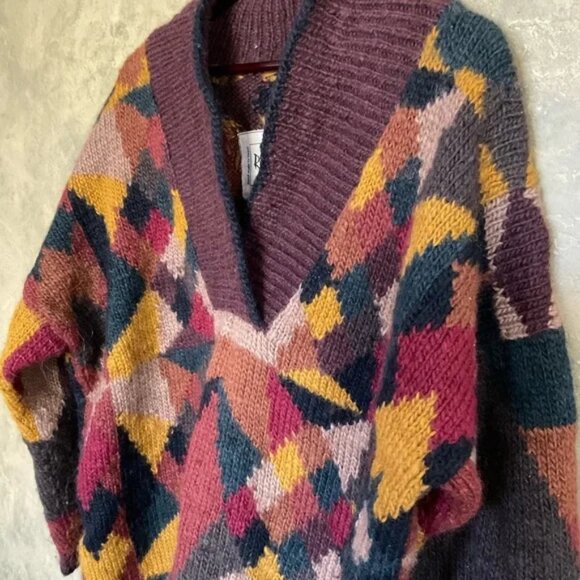 Romney Designs Geometric Artisan Knit Wool Shawl Collar Sweater - Picture 2 of 4